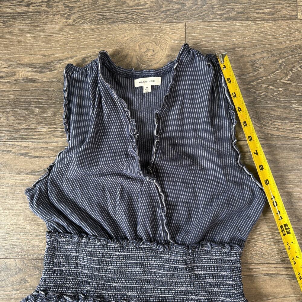Max Studio Sz M Navy Pinstripe Tiered Dress Smocked Waist Boho Romantic Ruffle - Picture 8 of 10